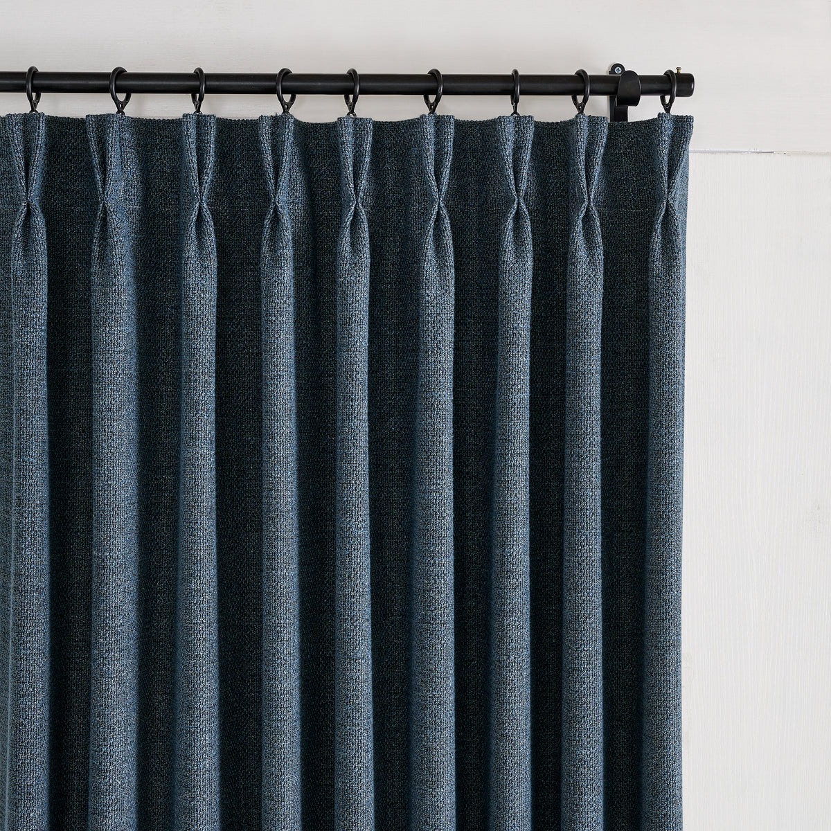 Kendall Basketweave Blackout Curtains in Navy, pleated header close up