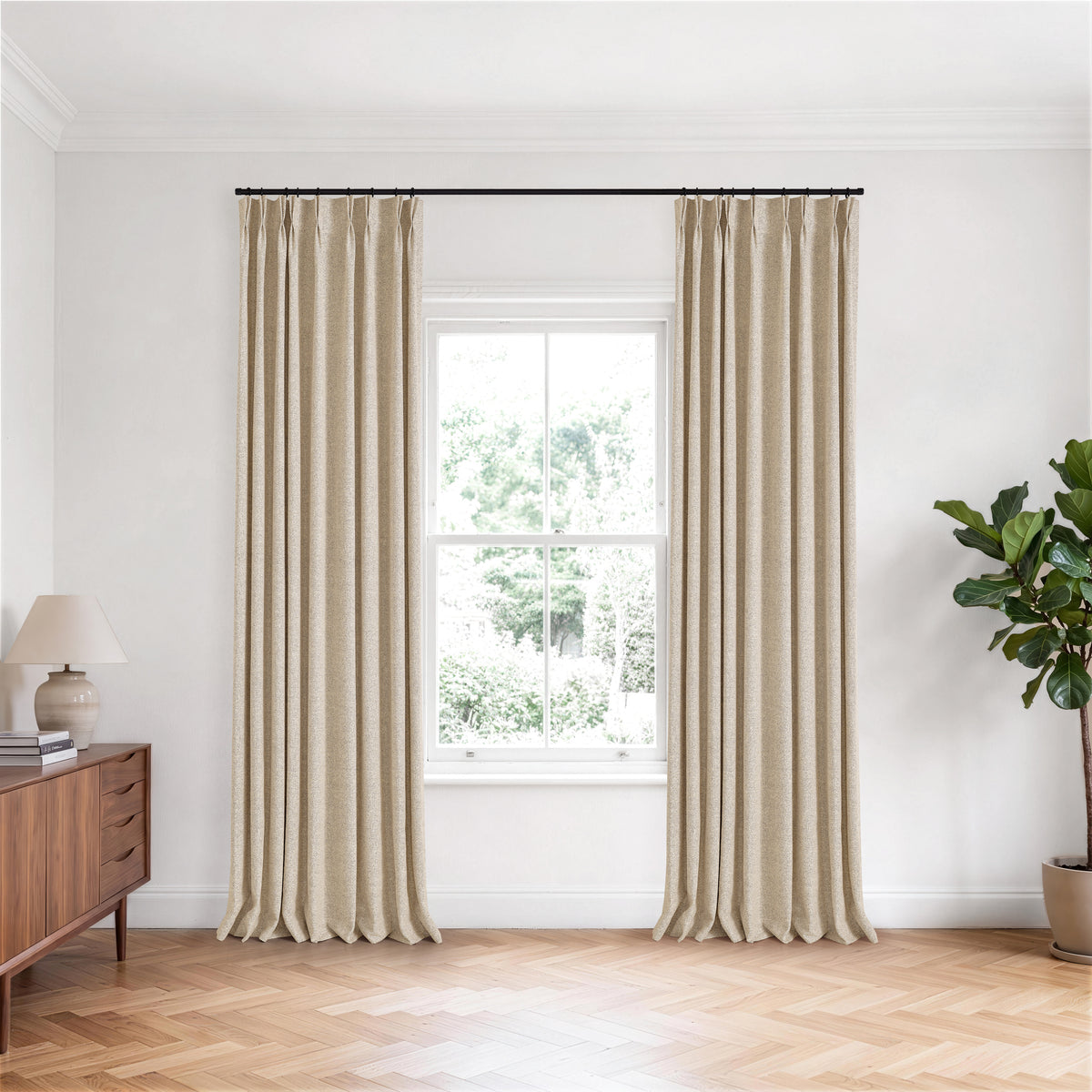 Pembroke Flecked Weave Curtains in Sand, hanging in a room