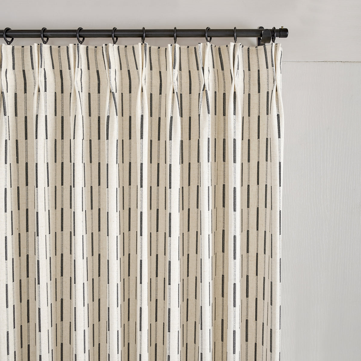 Ansel Dash Stripe Weave Curtains in Charcoal, pleated header close up