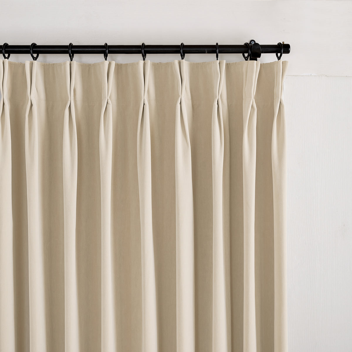 Sebastian Double-Faced Velvet Blackout Curtains in Flax, pleated header close up