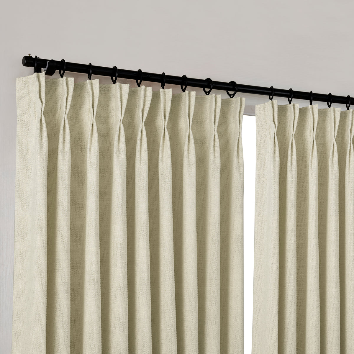 Pembroke Basket Weave Curtains in Greige, hanging at the window