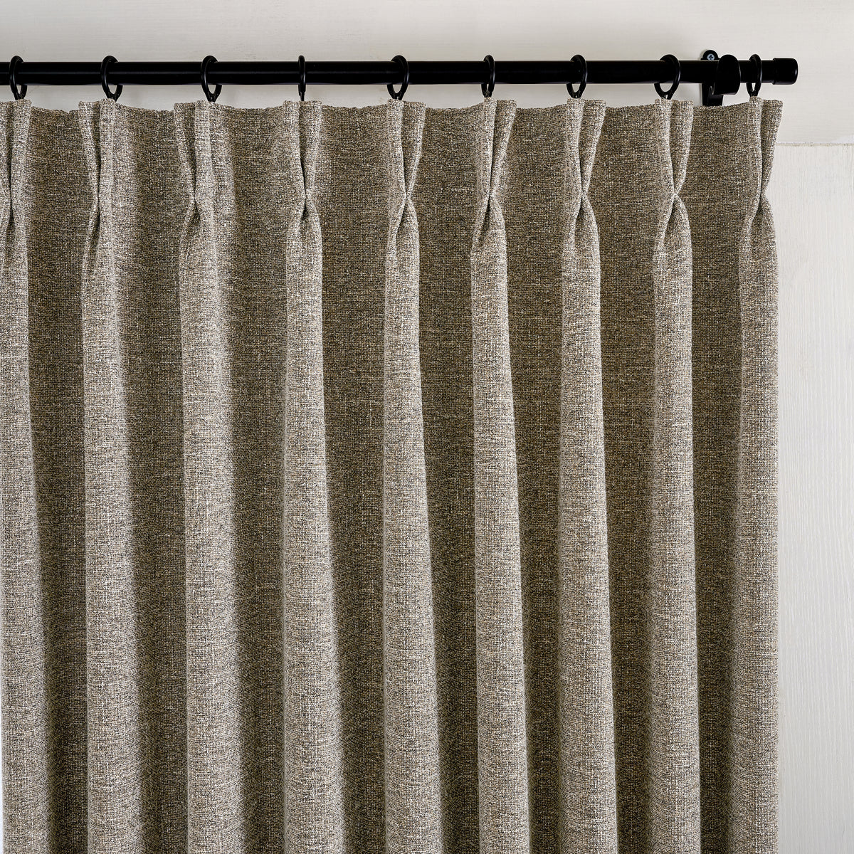 Tamsin Melange Weave Blackout Curtains in Stone, pleated header close up