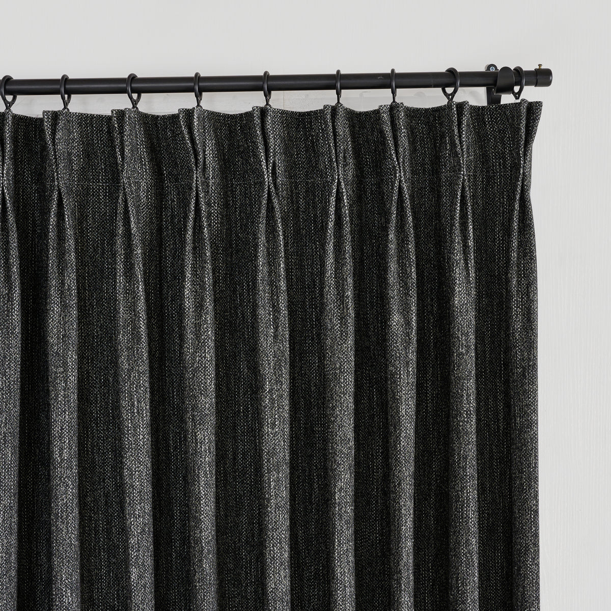 Laurence Heathered Weave Curtains in Charcoal, pleated header close up