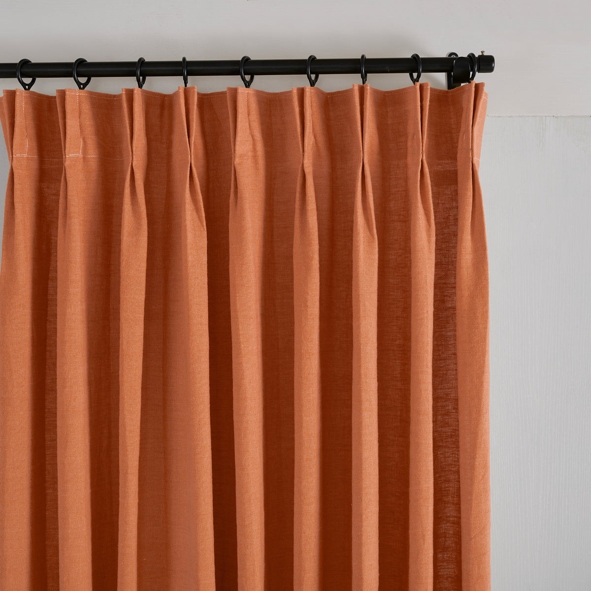 Ainsley Pure Linen Curtains in Rust, pleated header close up