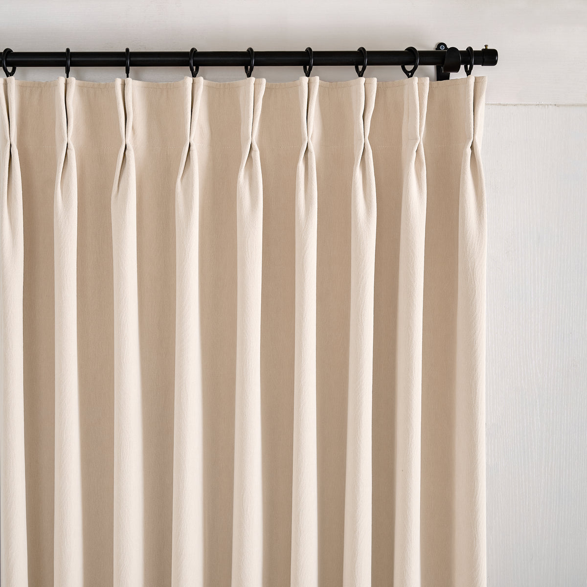Ottilie Plush Chenille Blackout Curtains in Rich Ivory, pleated header close up