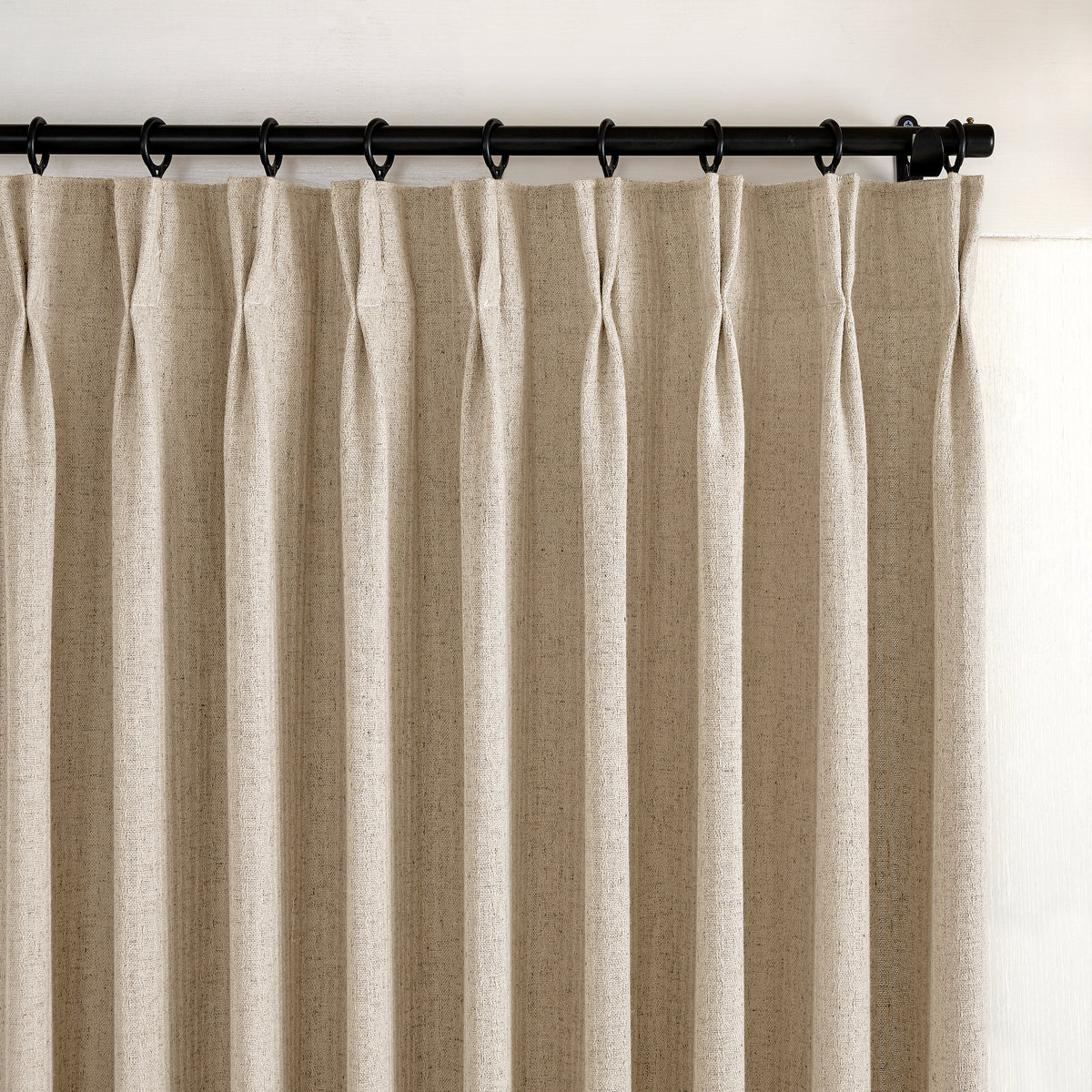 Ansel Slub Weave Curtains in Pale Stone, pleated header close up