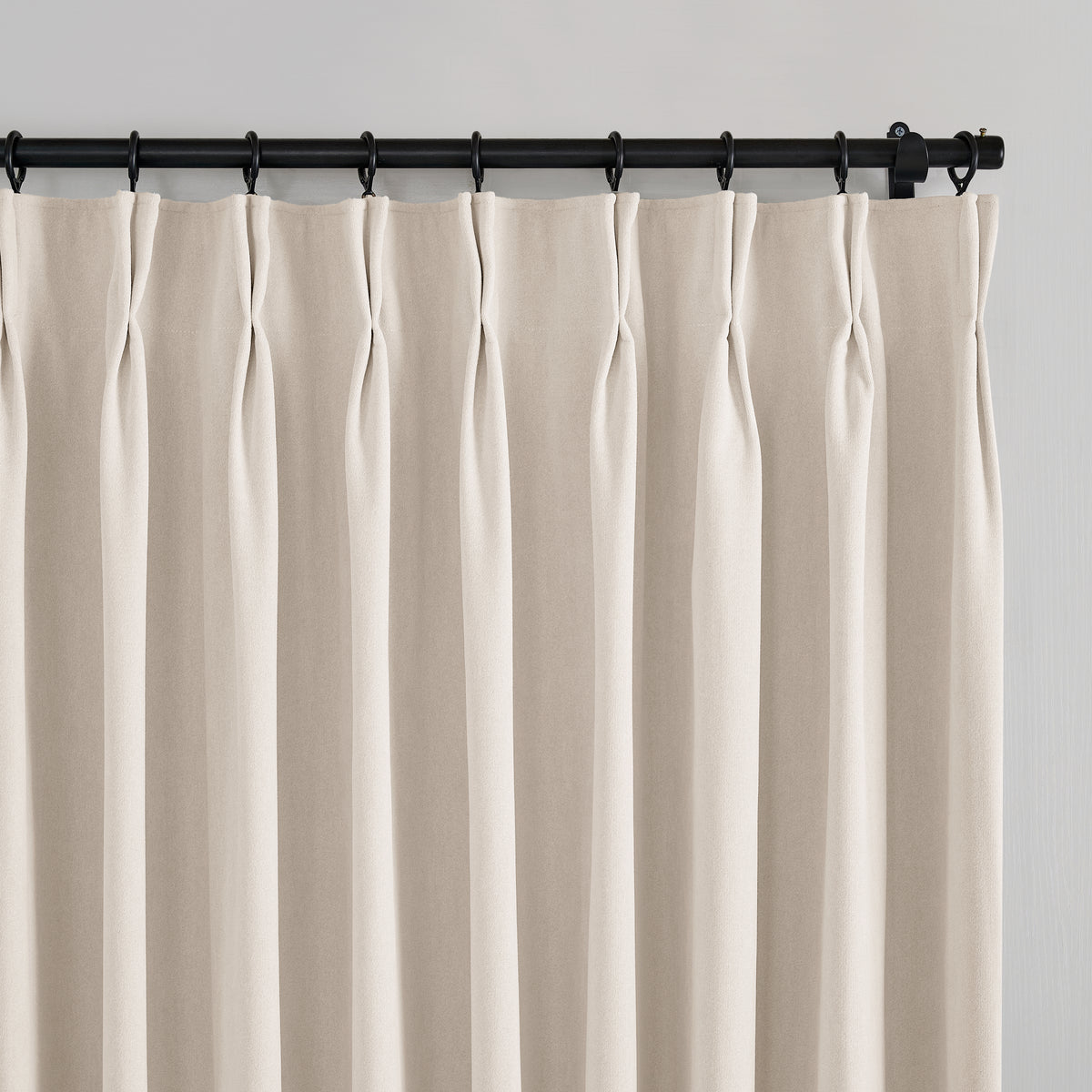 Ingram Brushed Weave Blackout Curtains in Warm Chalk, pleated header close up