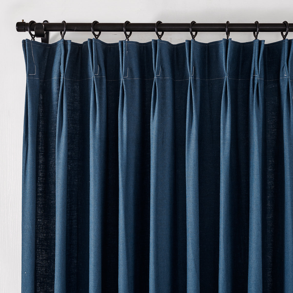 Edwina Linen-Cotton Curtains in Navy, pleated header close up