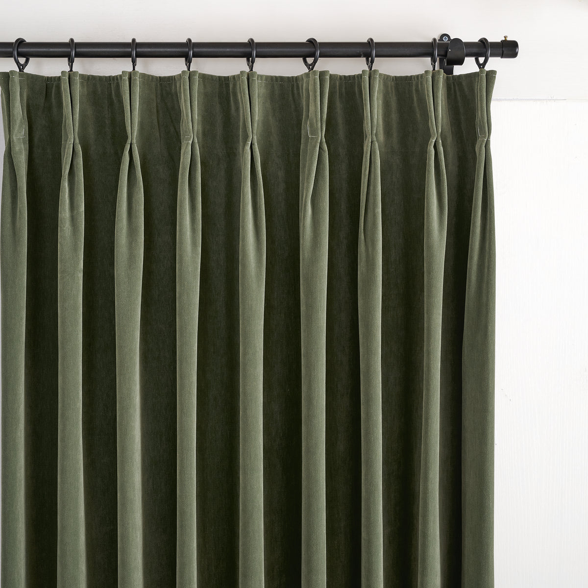 Sebastian Double-Faced Velvet Blackout Curtains in Forest, pleated header close up