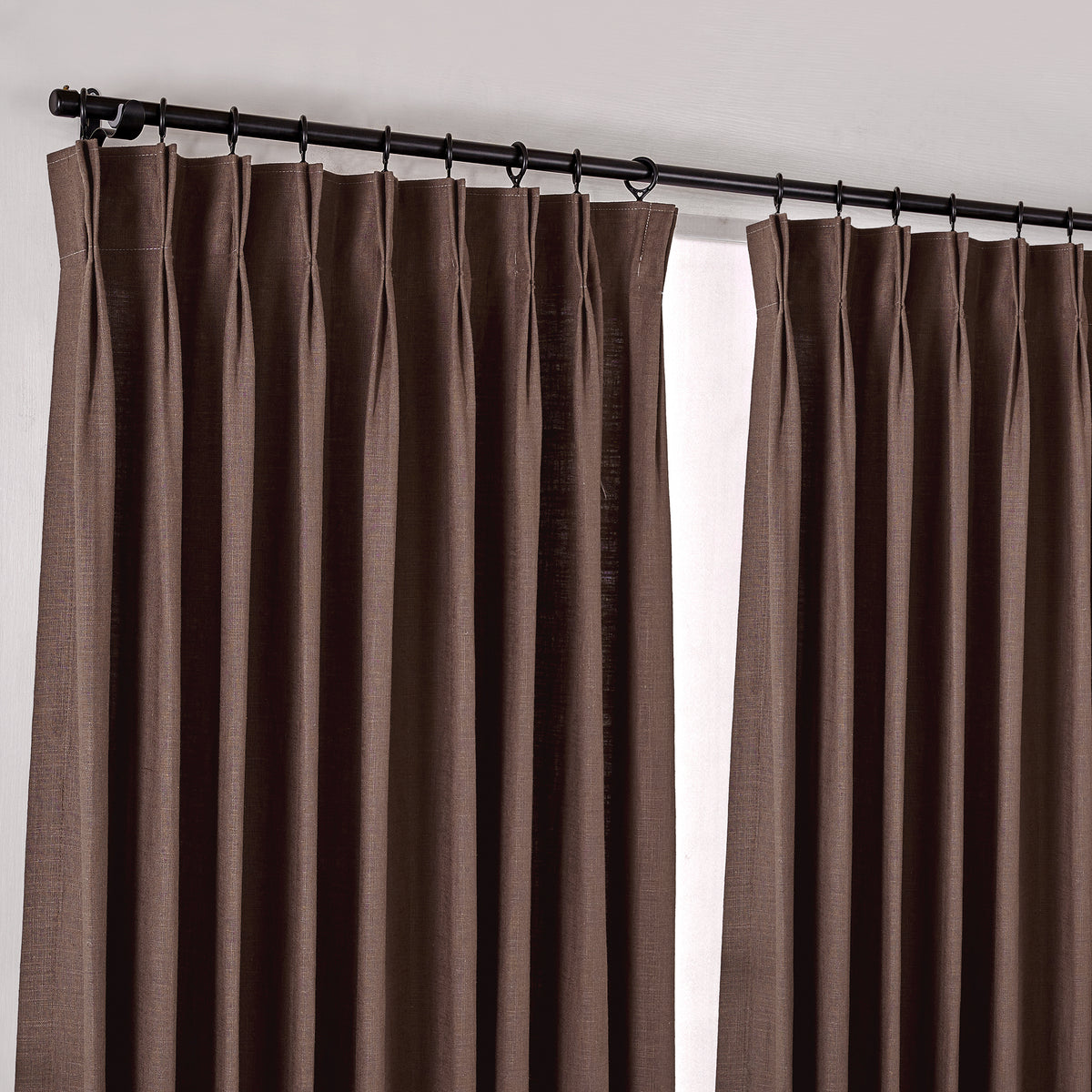 Edwina Linen-Cotton Curtains in Espresso, hanging at the window
