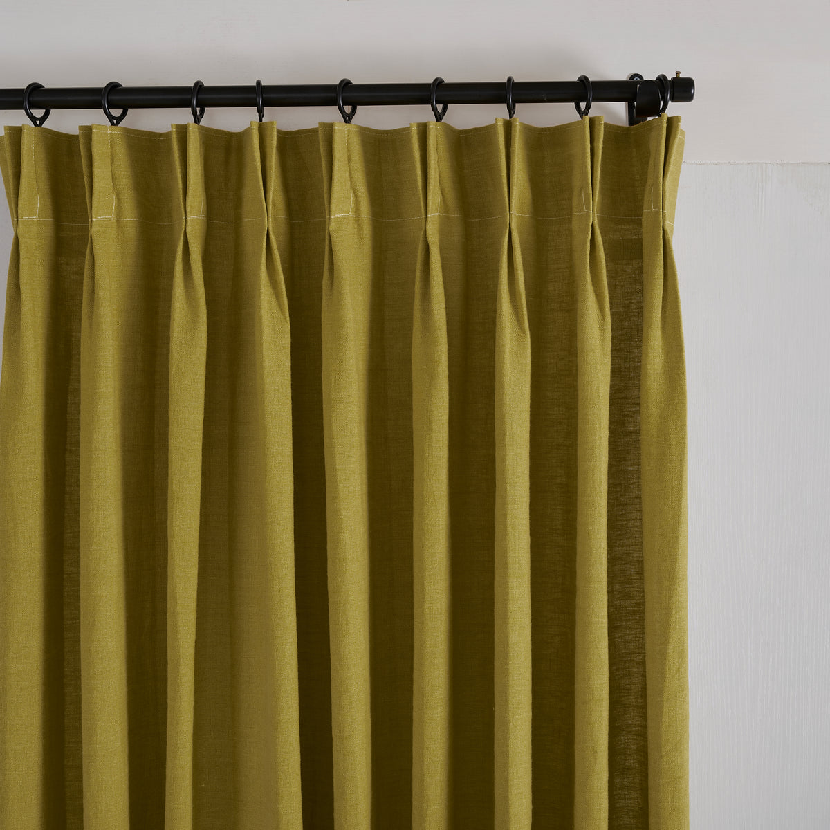 Ainsley Pure Linen Curtains in Olive, pleated header close up
