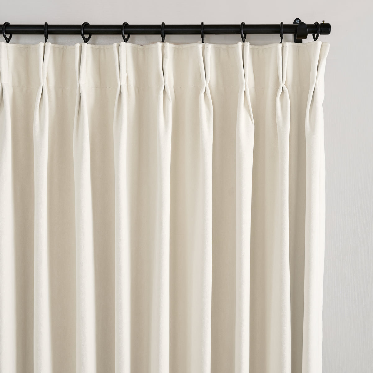 Genevieve Cloud-Soft Chenille Blackout Curtains in Ivory, pleated header close up