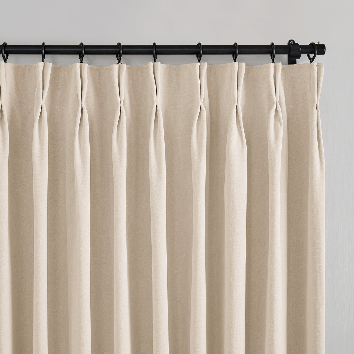 Ingram Brushed Weave Blackout Curtains in Oat, pleated header close up