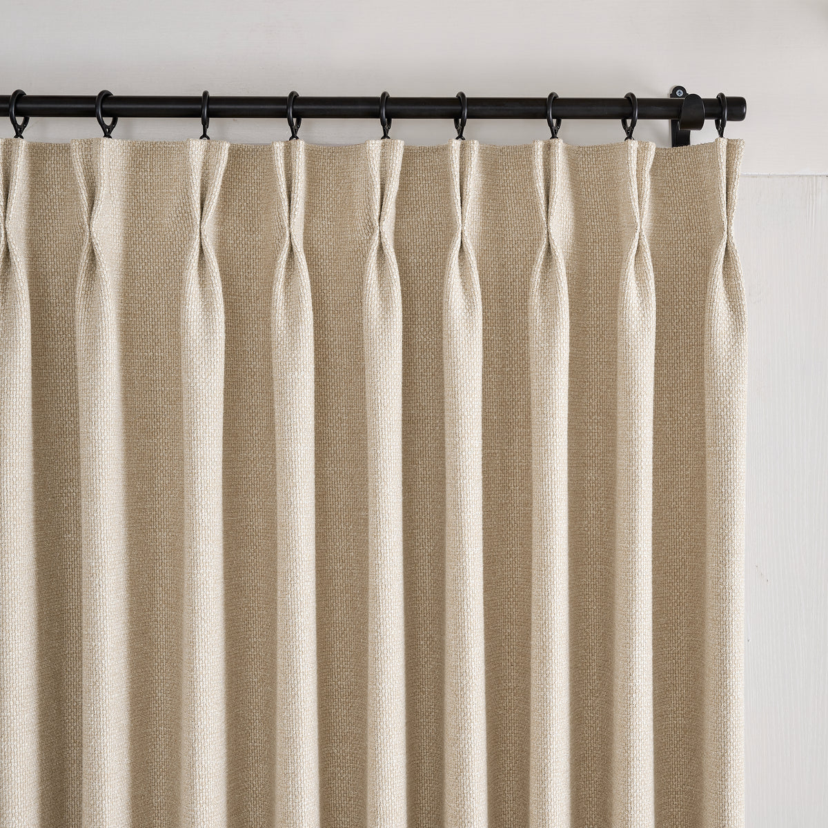 Kendall Basketweave Blackout Curtains in Stone, pleated header close up