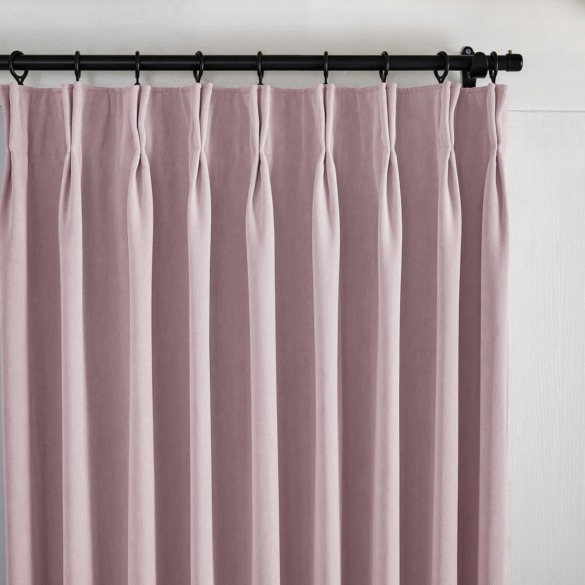 Genevieve Cloud-Soft Chenille Blackout Curtains in Mauve, pleated header close up