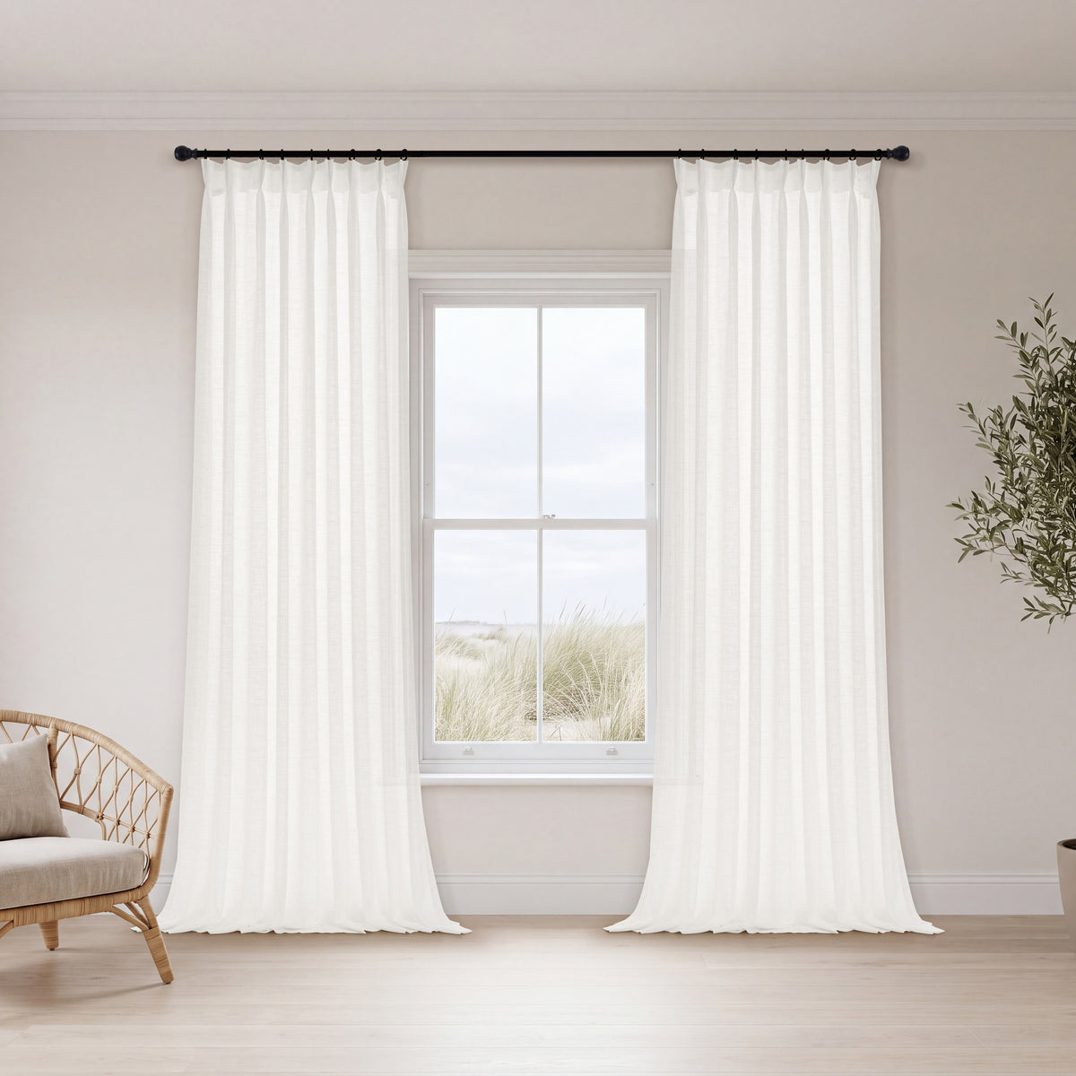Barnaby Rustic Weave Curtains in Greige, hanging in a room