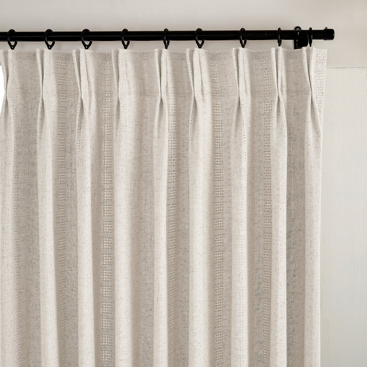 Ansel Eyelet Weave Curtains in Pale Greige, pleated header close up