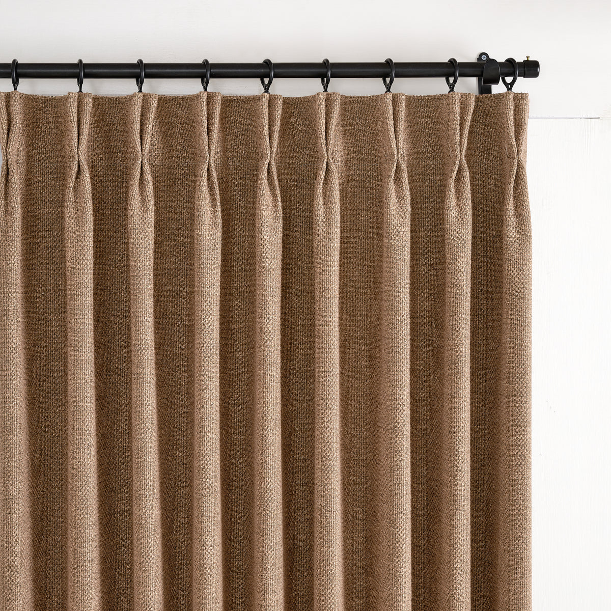 Kendall Basketweave Blackout Curtains in Pale Cocoa, pleated header close up