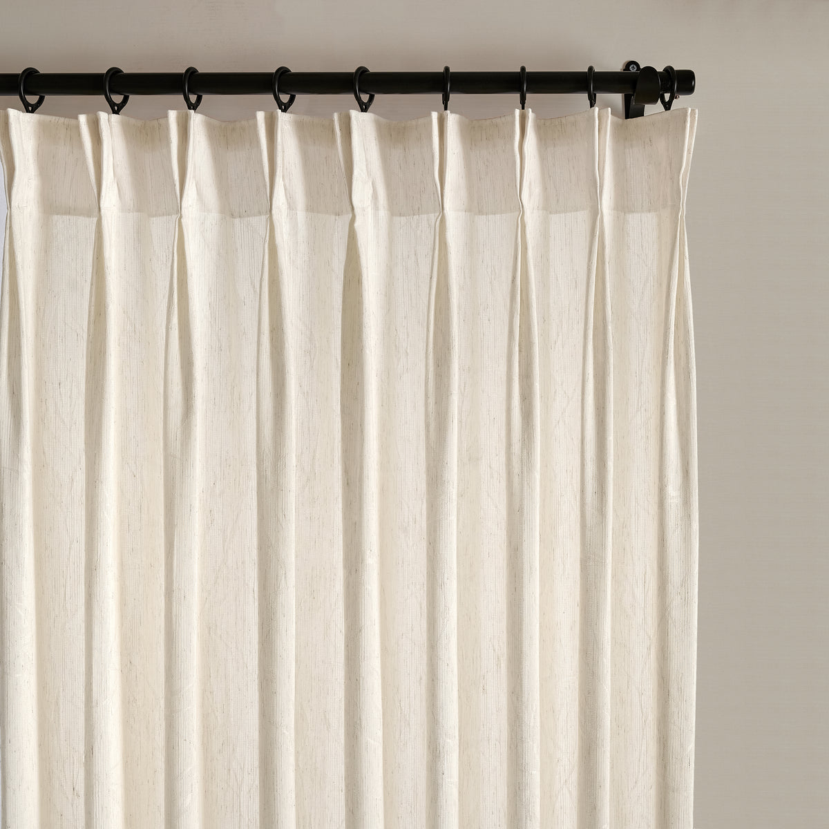 Odile Reed Sheer Curtains in Beige, pleated header close up