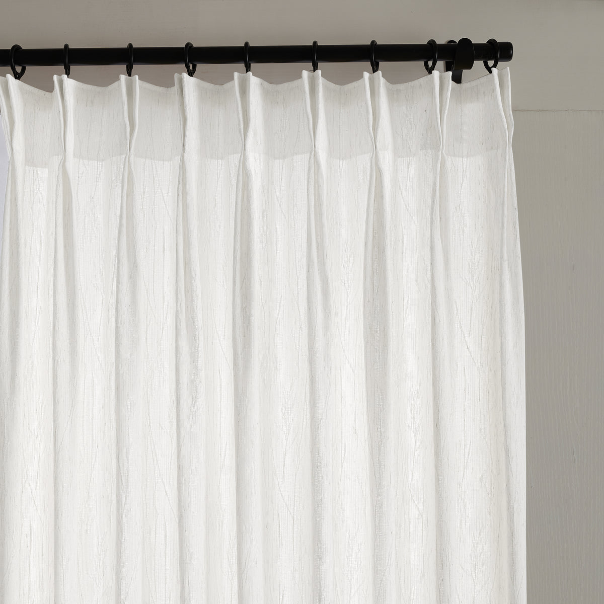 Odile Dandelion Sheer Curtains in White, pleated header close up