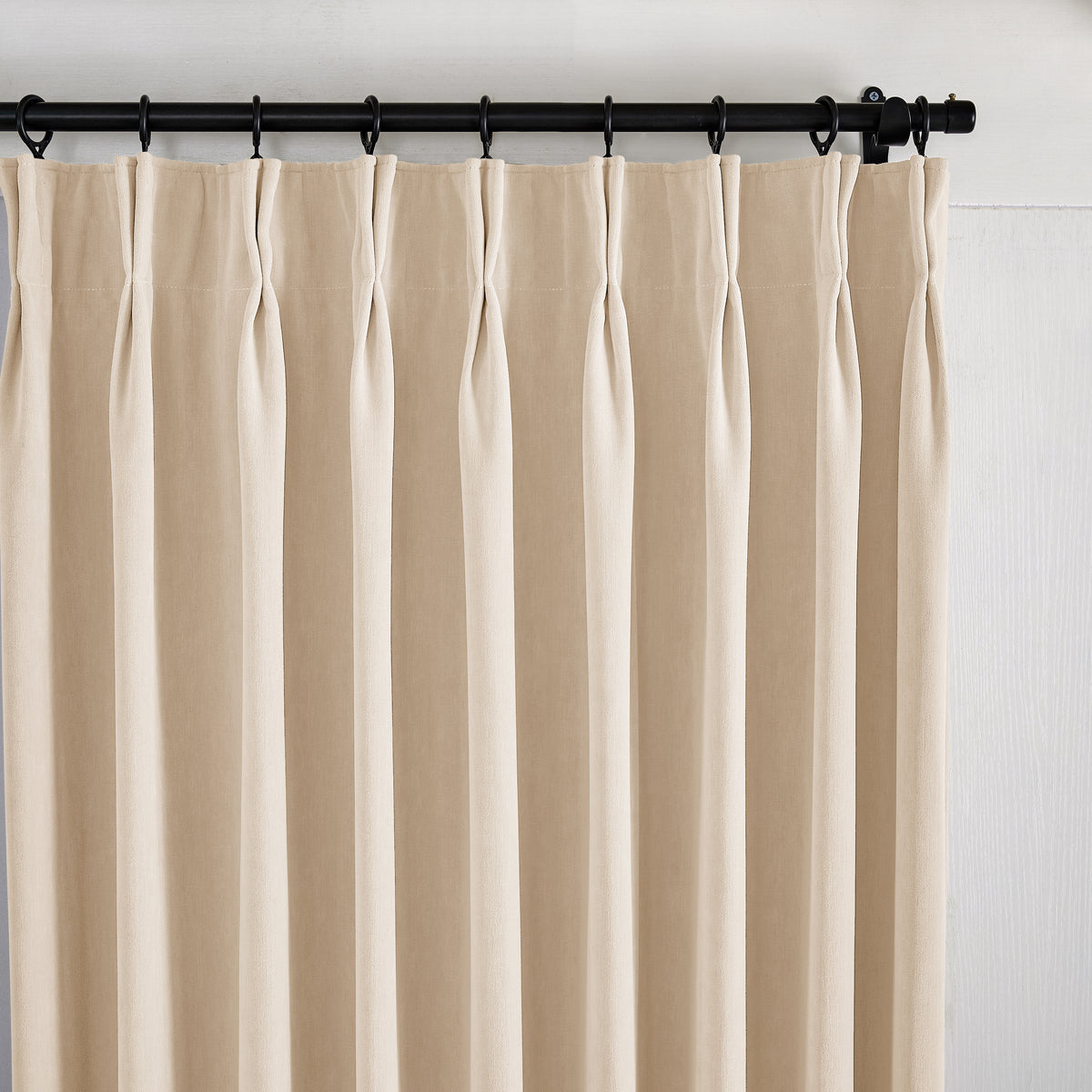 Genevieve Cloud-Soft Chenille Blackout Curtains in Flax, pleated header close up