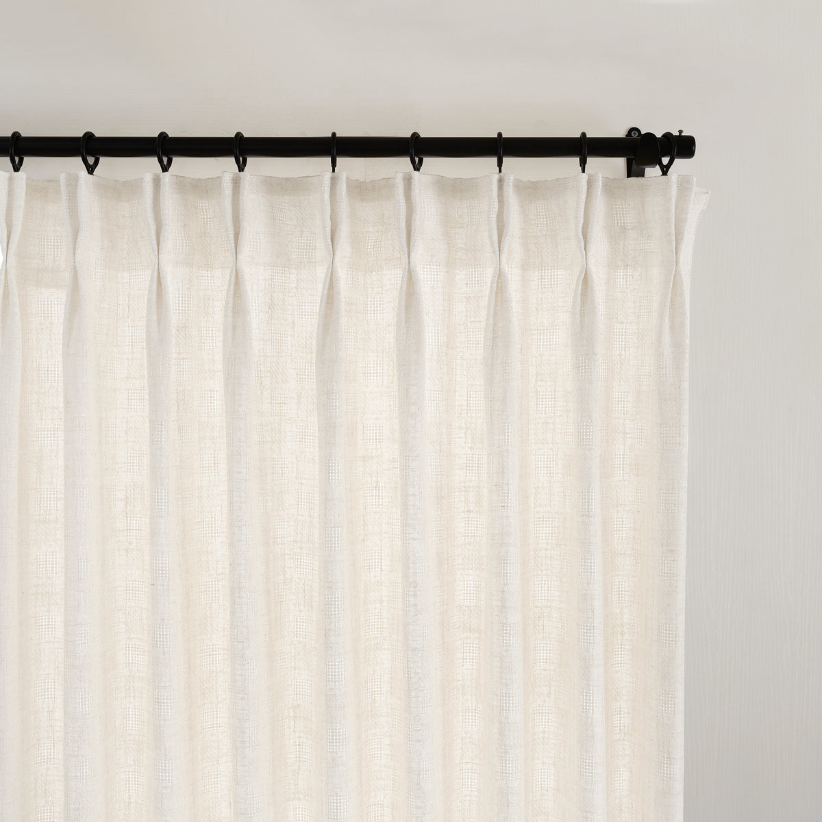 Lockwood Open-Grid Weave Curtains in Oat, pleated header close up