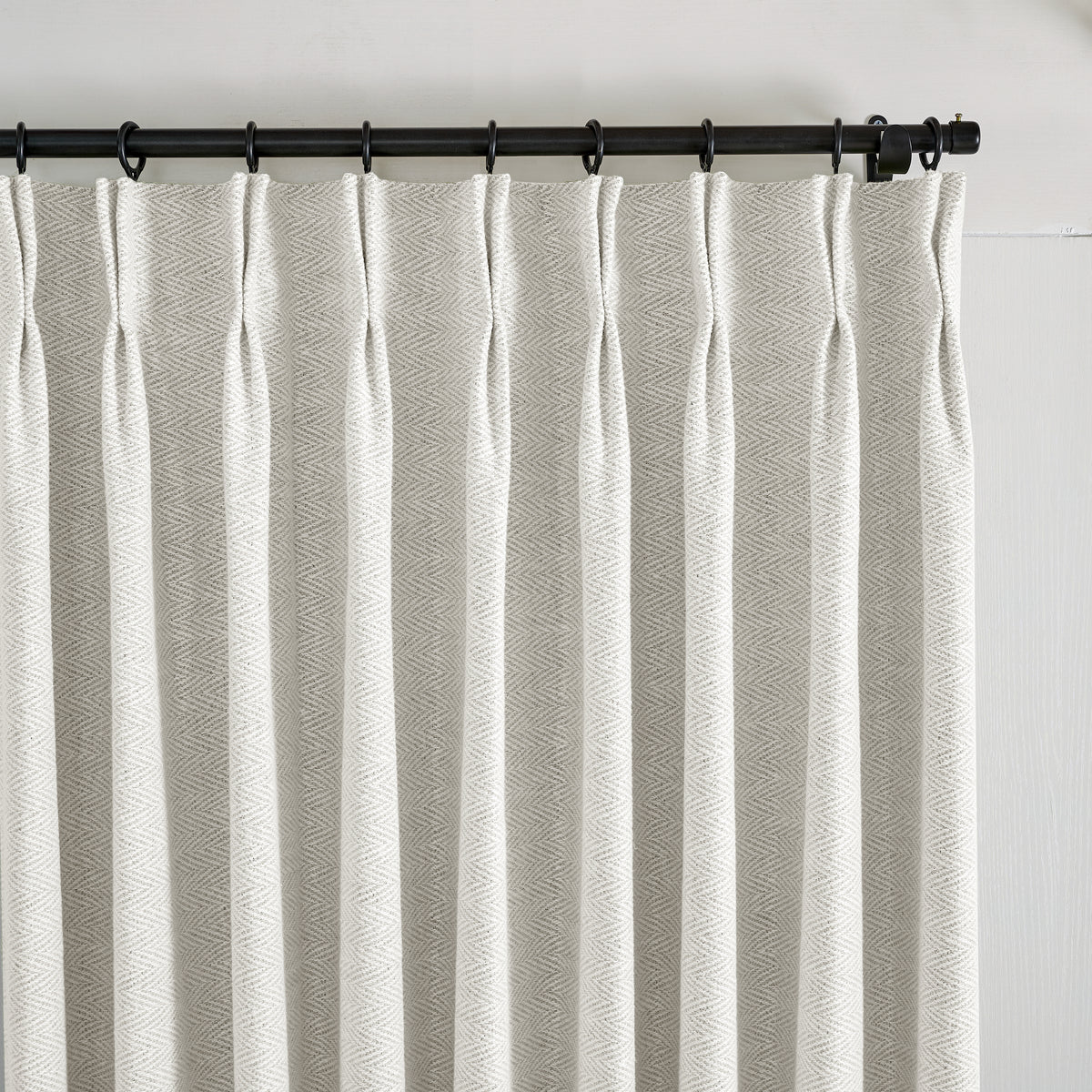 Pembroke Herringbone Weave Curtains in Cool Chalk, pleated header close up