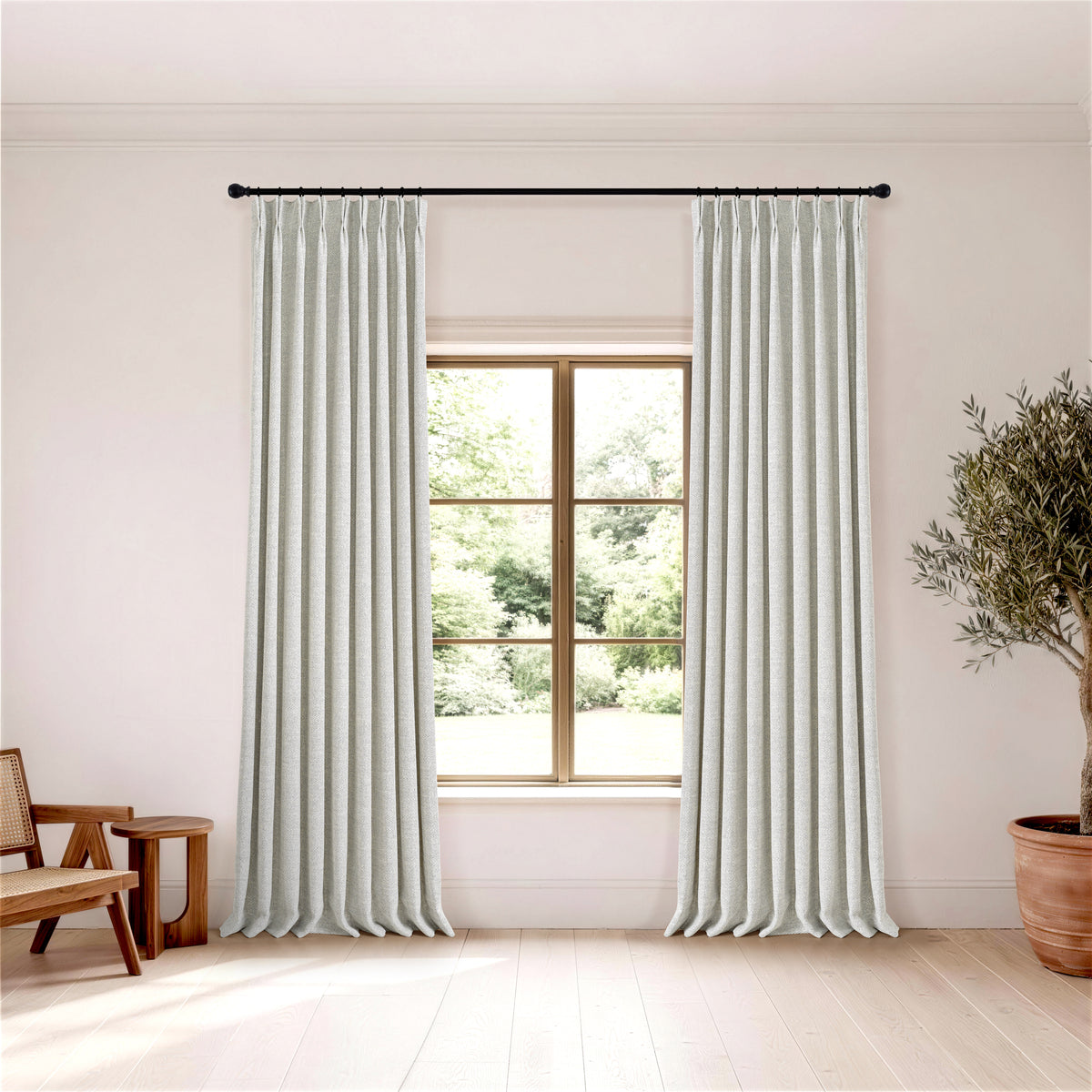 Pembroke Herringbone Weave Curtains in Soft Greige, hanging in a room