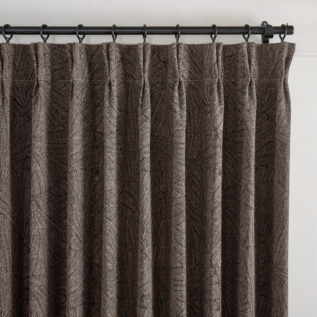 Bramwell Leaf Jacquard Blackout Curtains in Espresso, pleated header close up