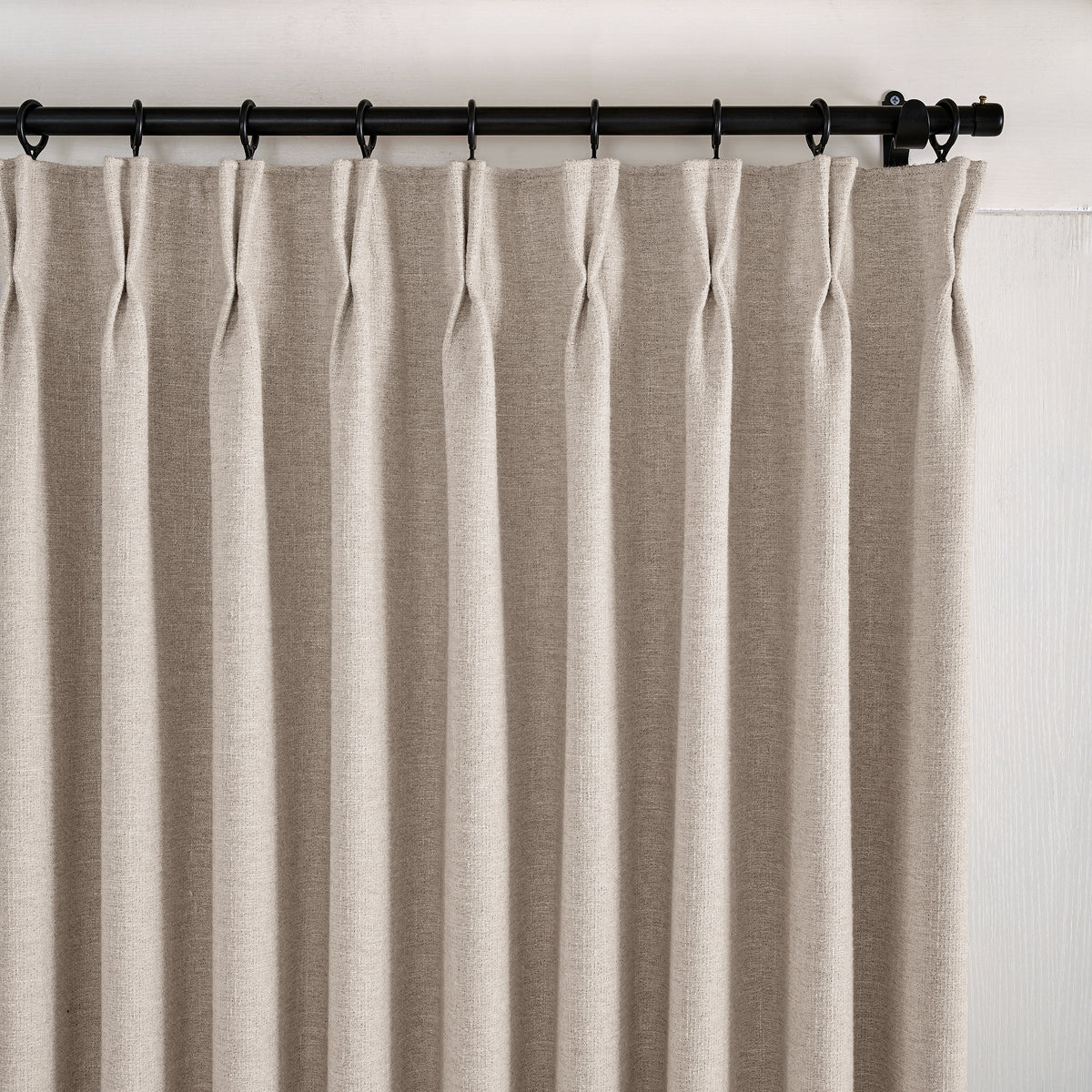 Tamsin Melange Weave Blackout Curtains in Flax, pleated header close up