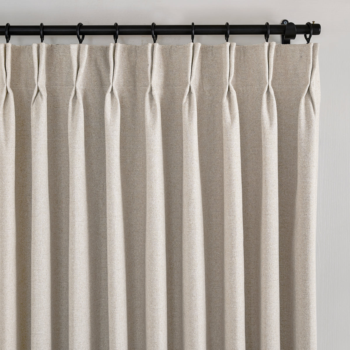 Fraser Wool-Blend Blackout Curtains in Greige, pleated header close up