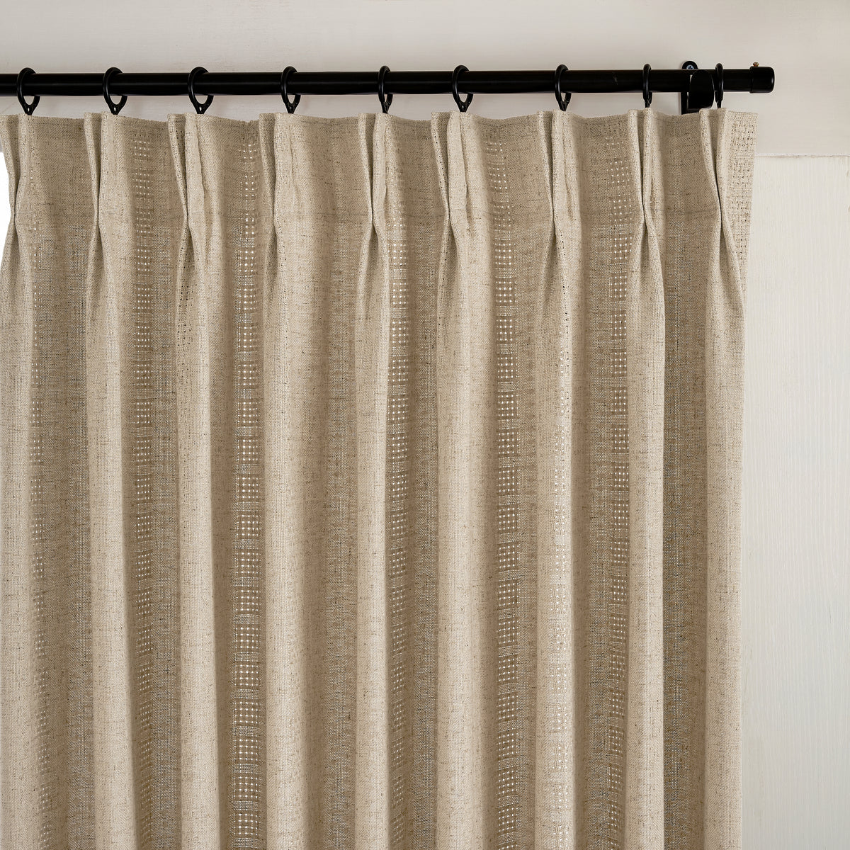 Ansel Eyelet Weave Curtains in Stone, pleated header close up