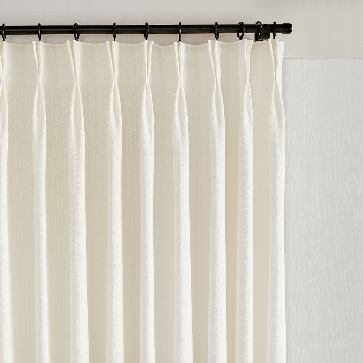 Ansel Slub Weave Curtains in Chalk, pleated header close up