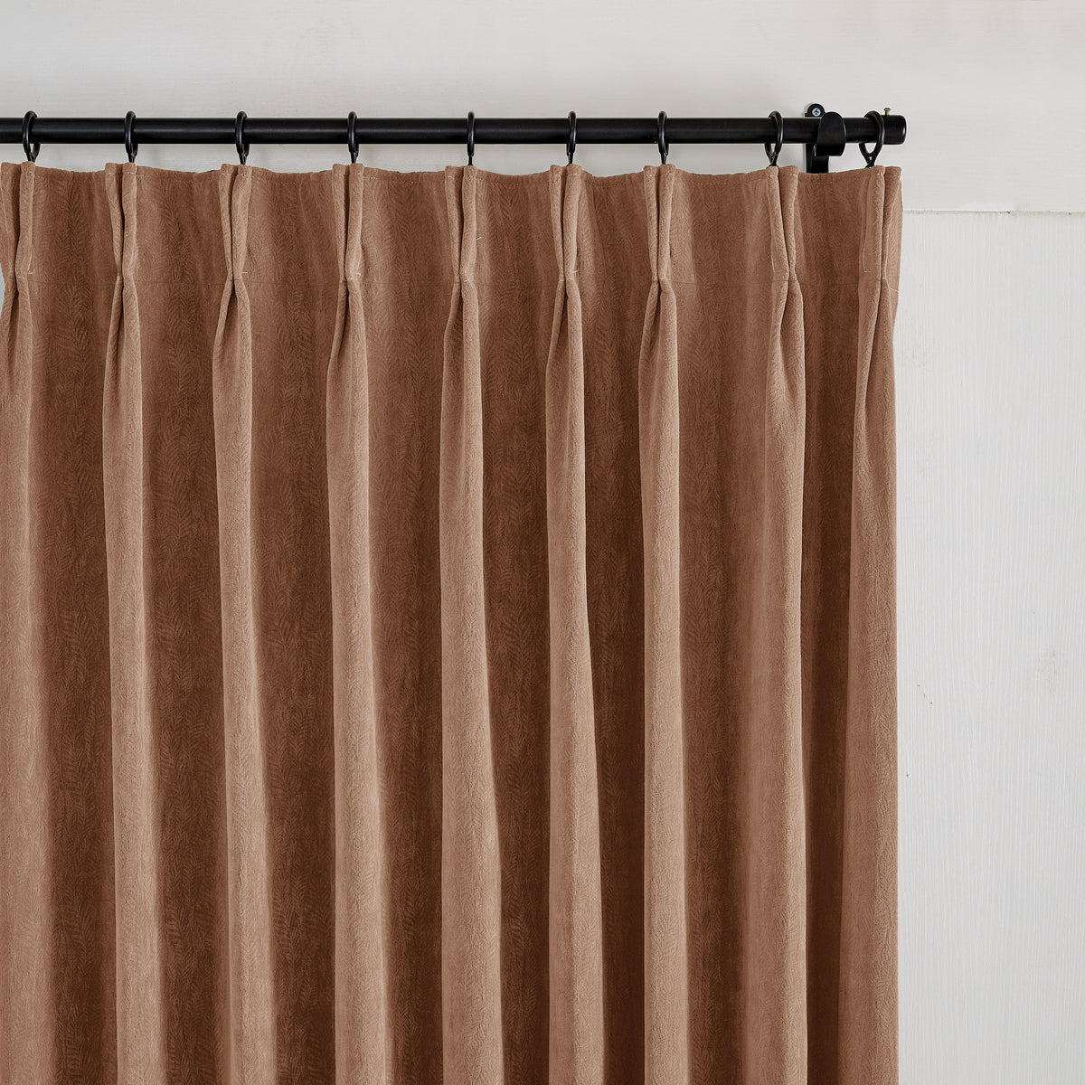 Cordelia Sculpted Chenille Blackout Curtains in Cocoa, pleated header close up