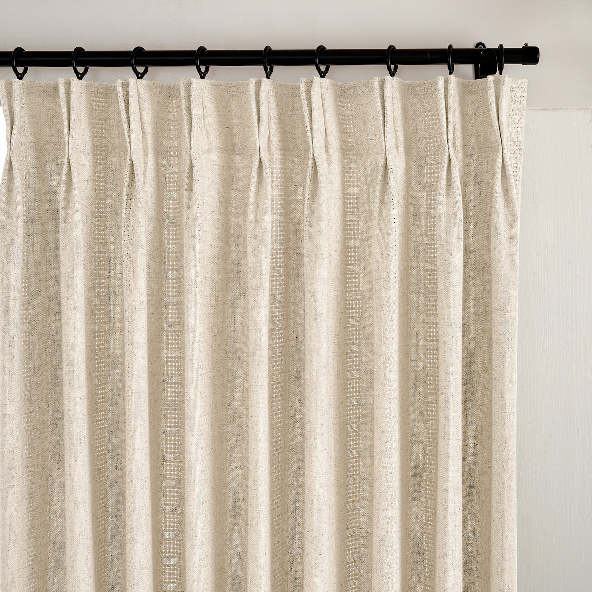 Ansel Eyelet Weave Curtains in Oat, pleated header close up