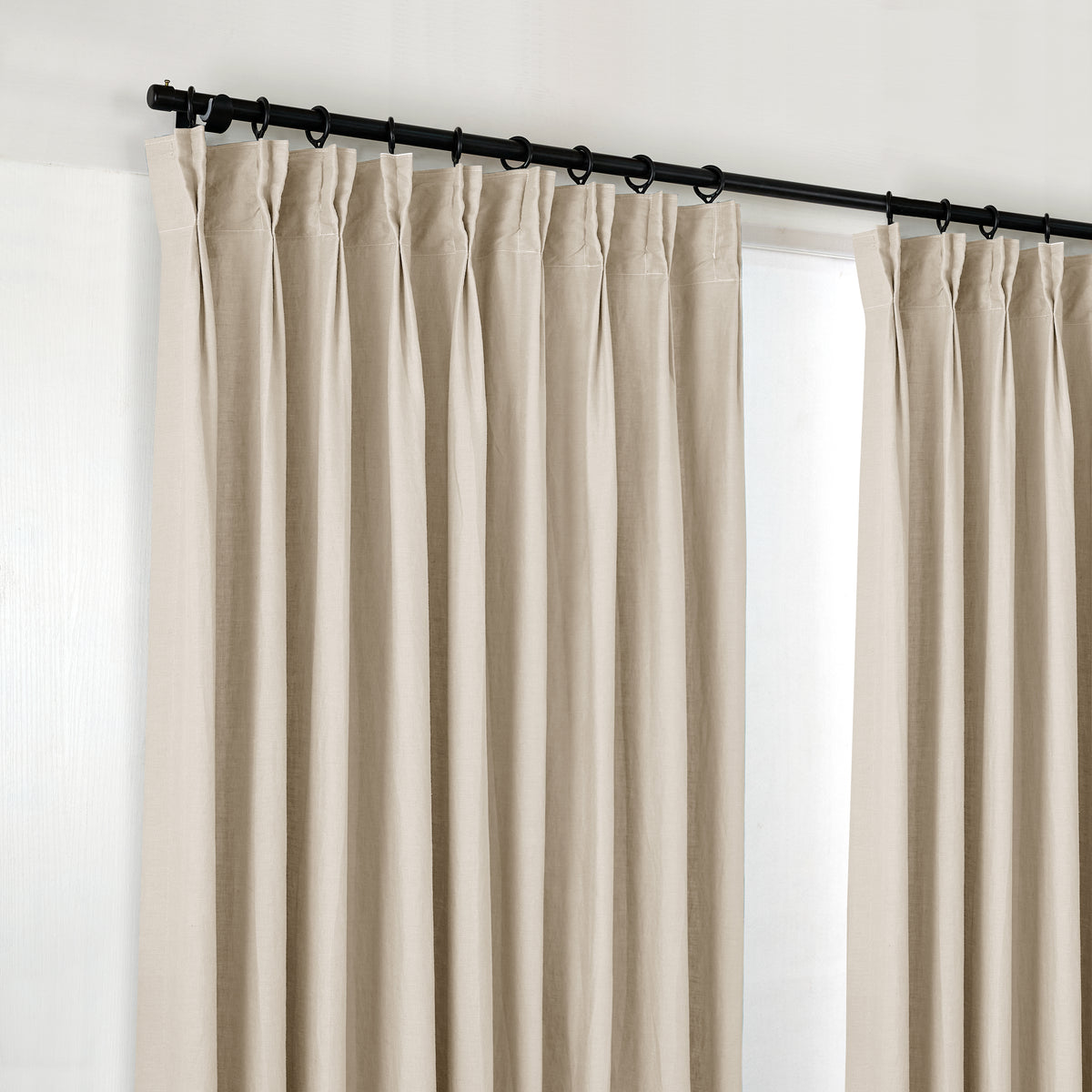 Maribel Lightweight Pure Linen Curtains in Mushroom, pleated header close up