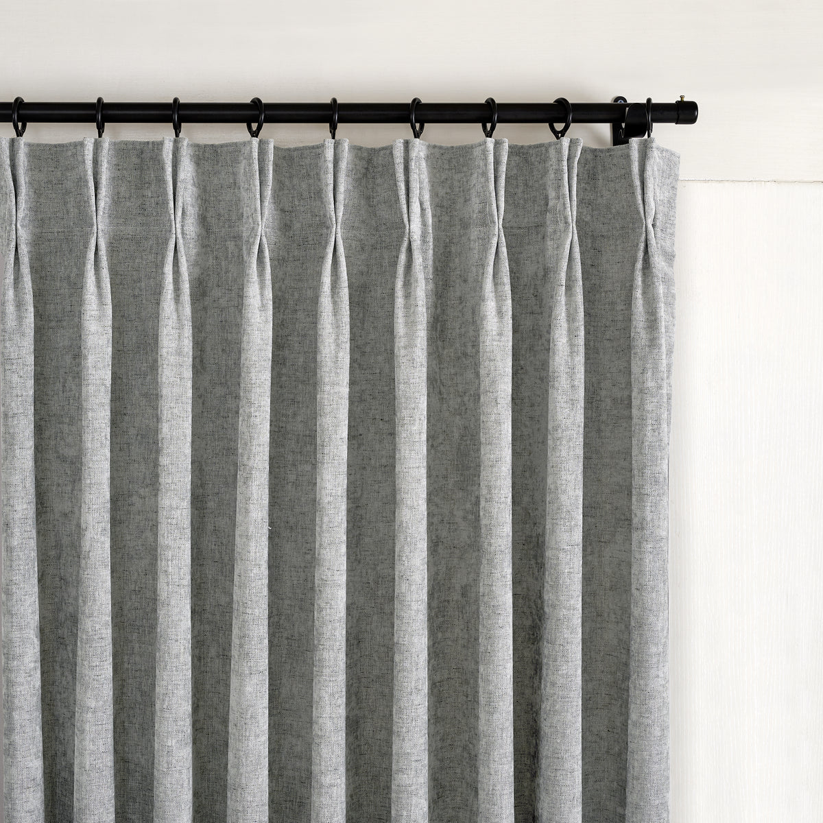 Prentiss Reversible Slub Curtains in Pewter, pleated header close up
