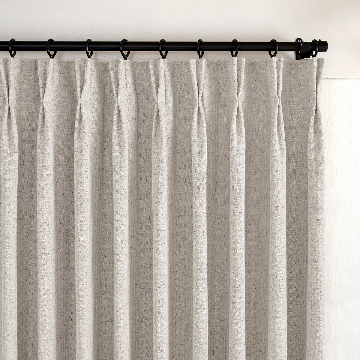 Ansel Slub Weave Curtains in Greige, pleated header close up