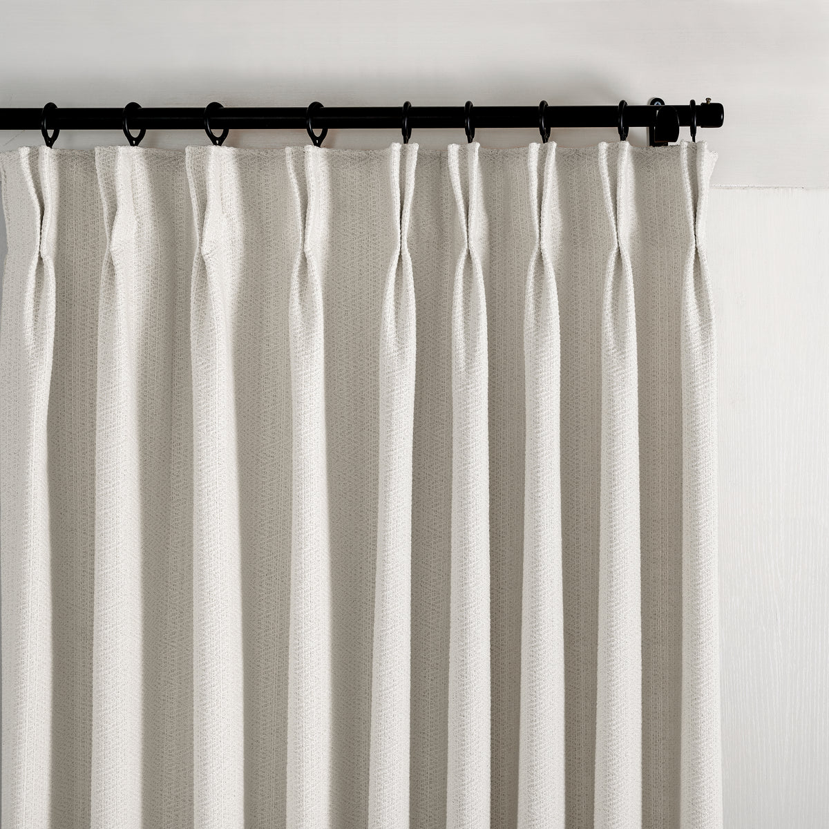 Pembroke Chevron Weave Curtains in Cool Greige, pleated header close up