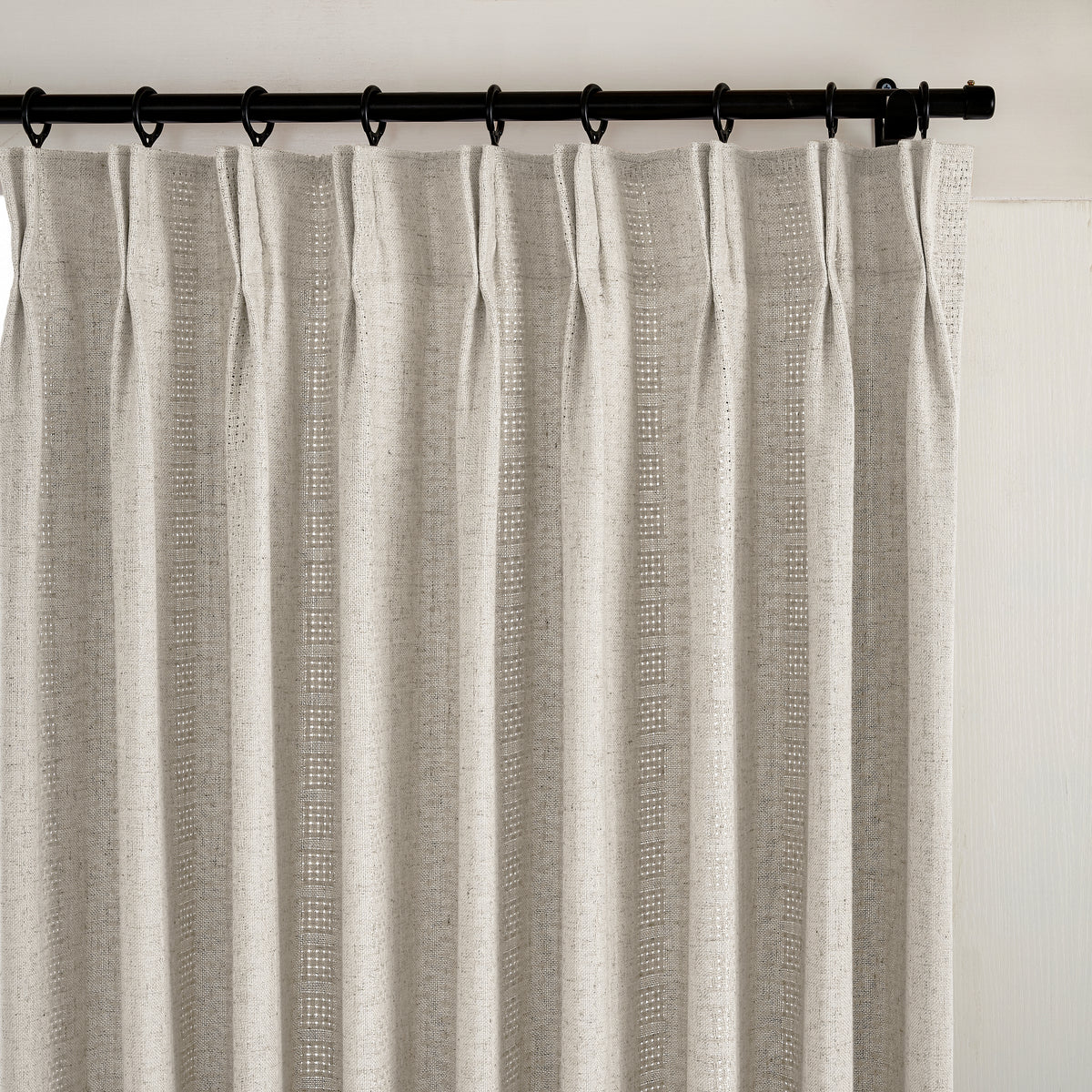 Ansel Eyelet Weave Curtains in Greige, pleated header close up