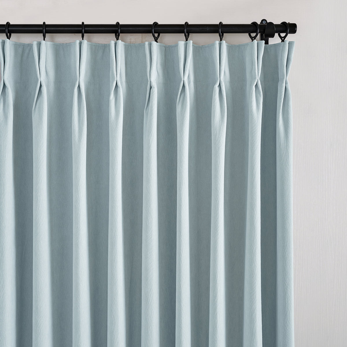Ottilie Plush Chenille Blackout Curtains in Powder Blue, pleated header close up