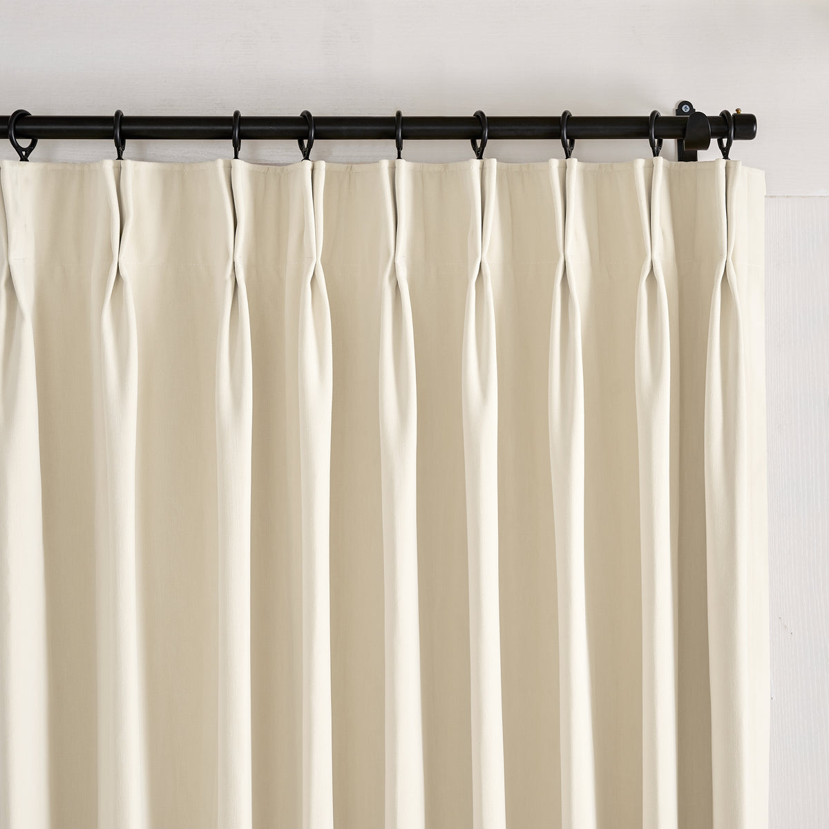 Sebastian Double-Faced Velvet Blackout Curtains in Ivory, pleated header close up