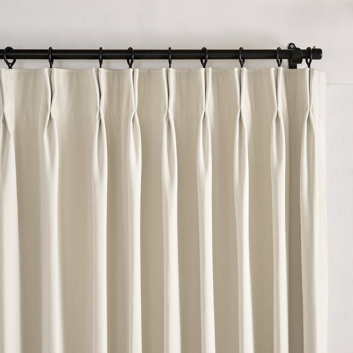 Sebastian Double-Faced Velvet Blackout Curtains in Pale Flax, pleated header close up