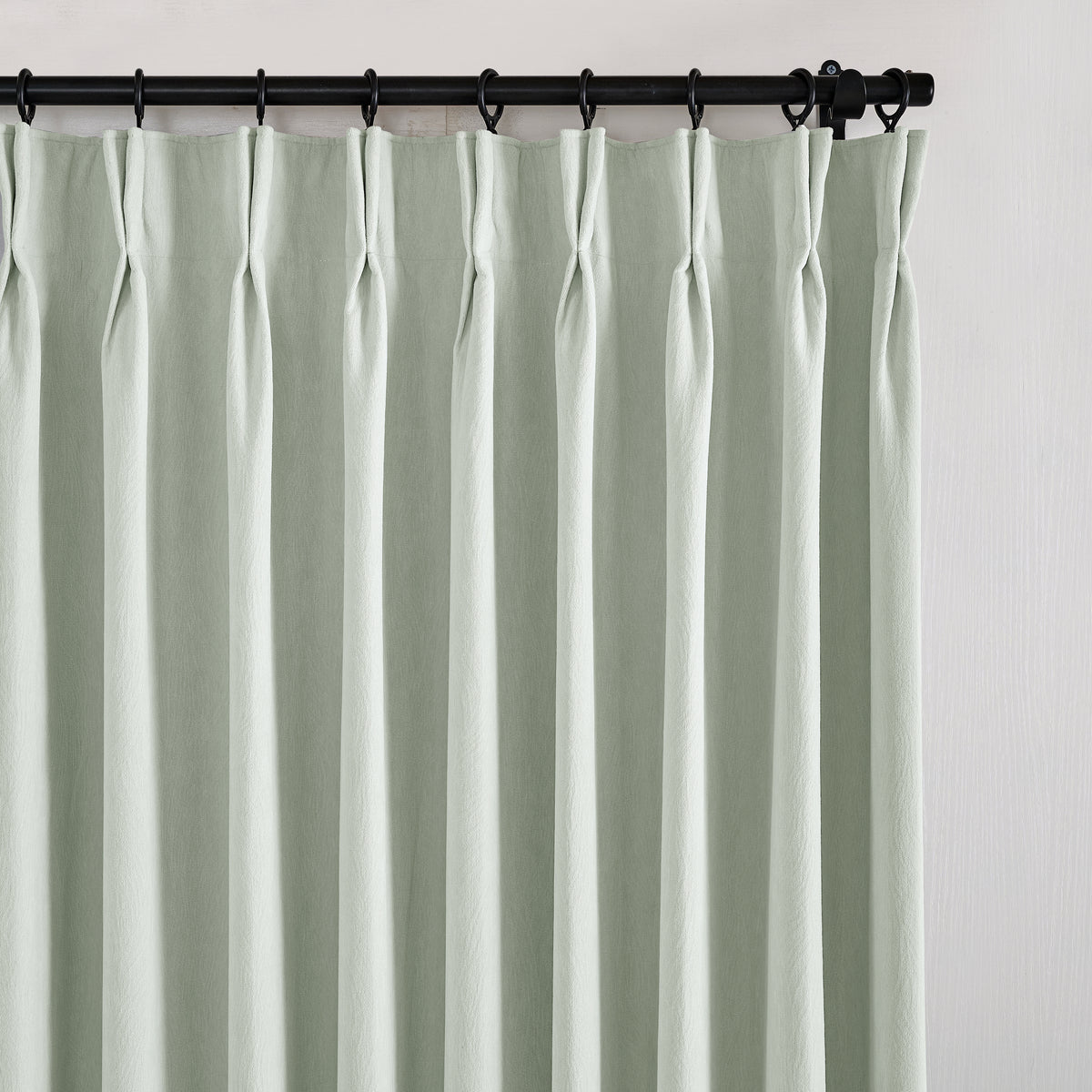 Ottilie Plush Chenille Blackout Curtains in Mint, pleated header close up