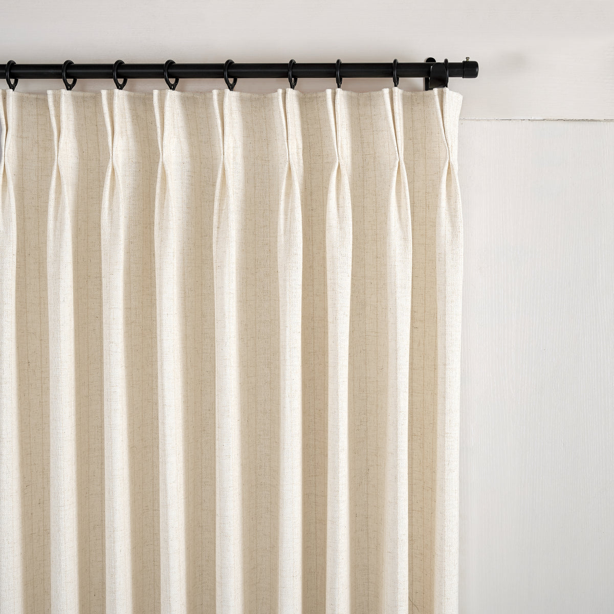 Ansel Pinstripe Weave Curtains in Deep Ivory, pleated header close up