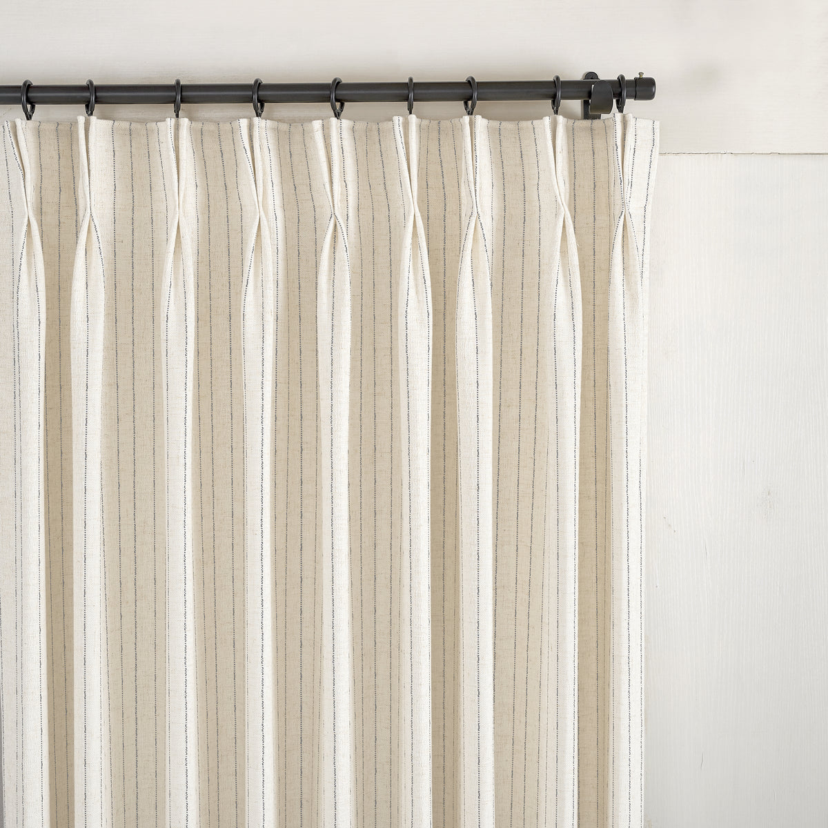 Ansel Pinstripe Weave Curtains in Cool Ivory, pleated header close up