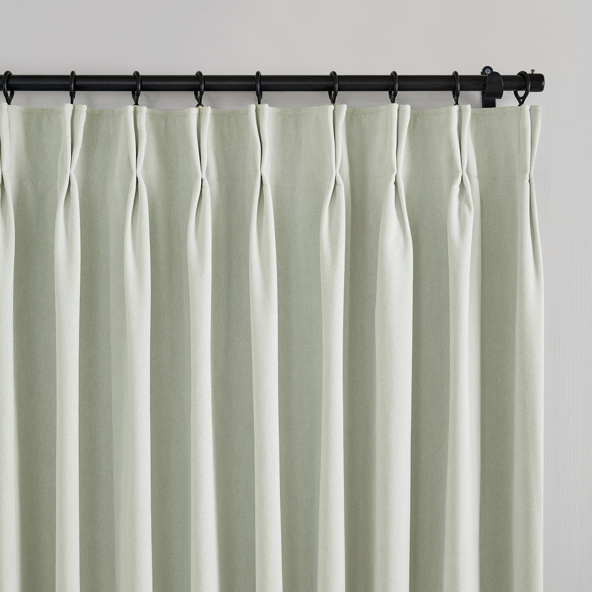 Ingram Brushed Weave Blackout Curtains in Mint, pleated header close up