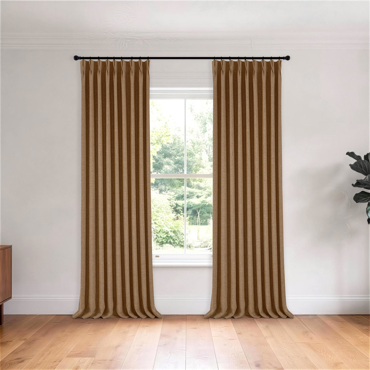 Kendall Basketweave Blackout Curtains in Pale Cocoa, hanging in a room