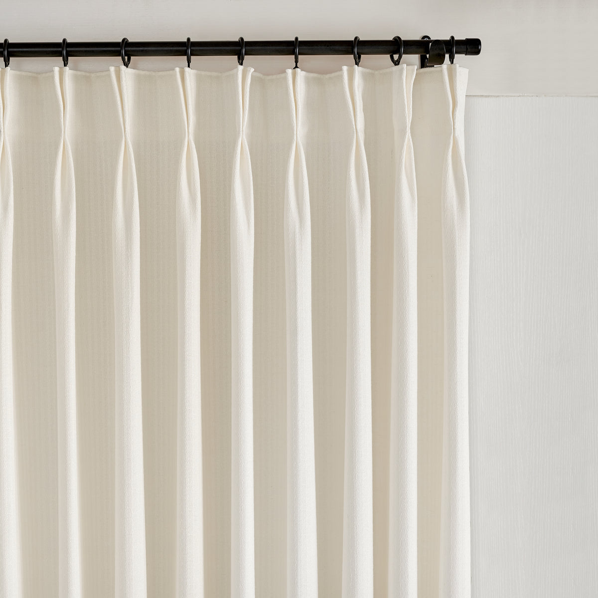 Ansel Slub Weave Curtains in Warm Chalk, pleated header close up