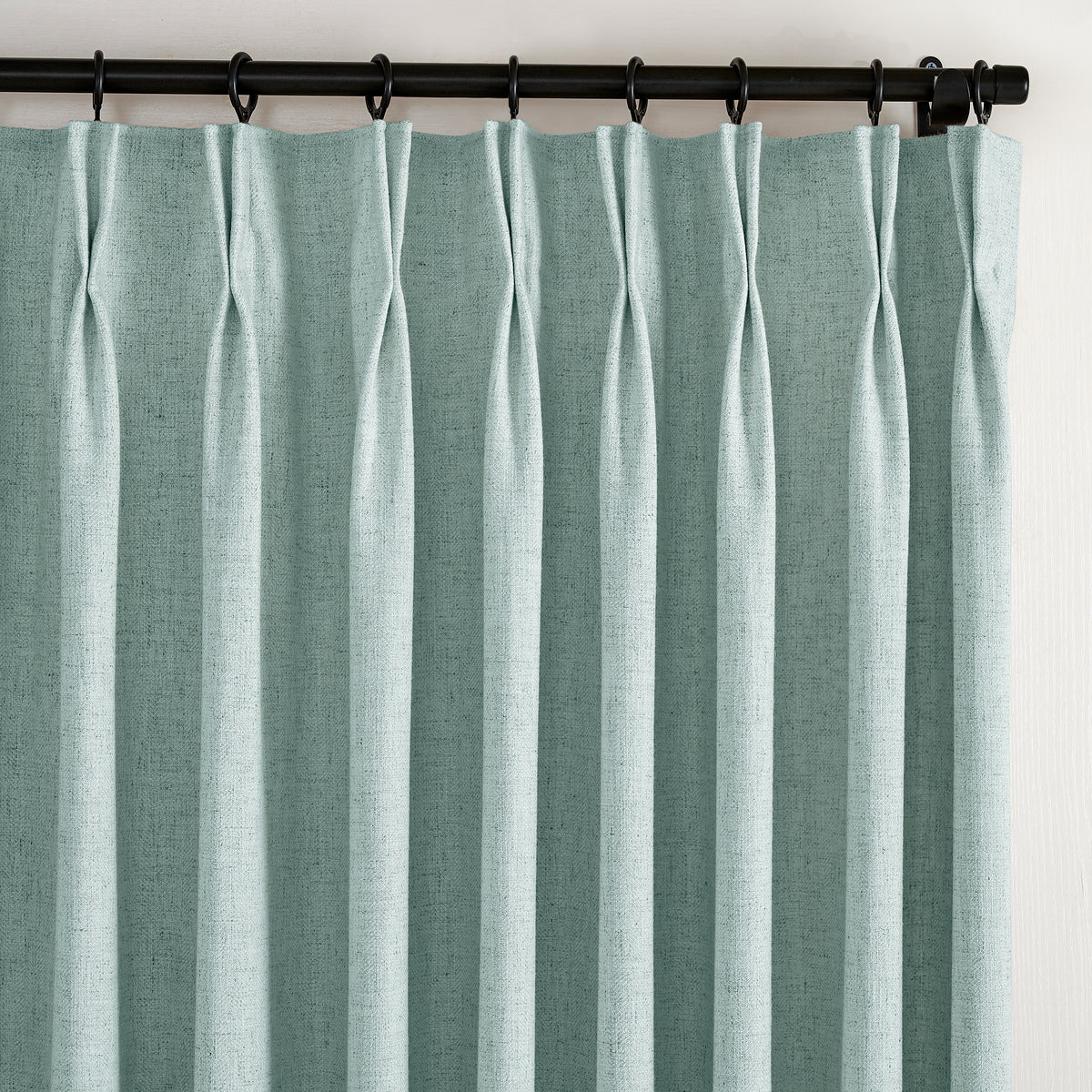 Forrester Linen-Blend Slub Curtains in Dusty Blue, pleated header close up